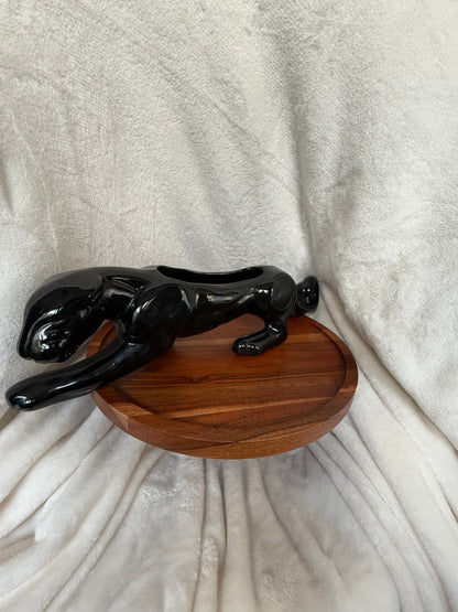 Rare Mid-Century Black Panther Ceramic Planter – 14” Glossy Glaze