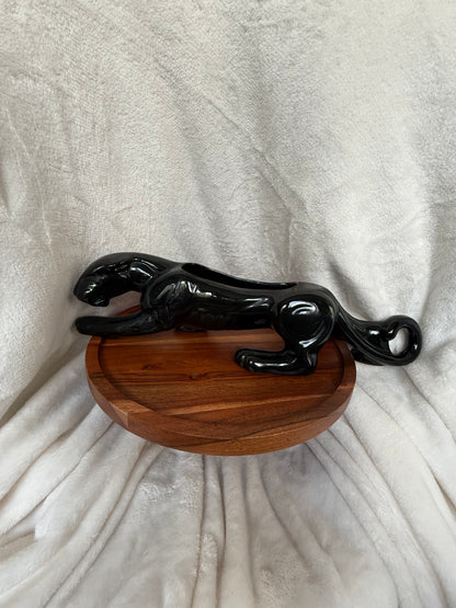 Rare Mid-Century Black Panther Ceramic Planter – 14” Glossy Glaze
