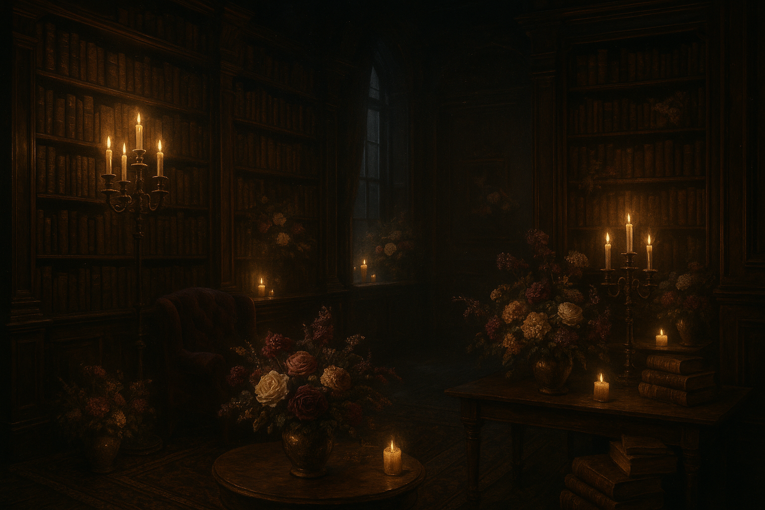 dark library with flowers and candles